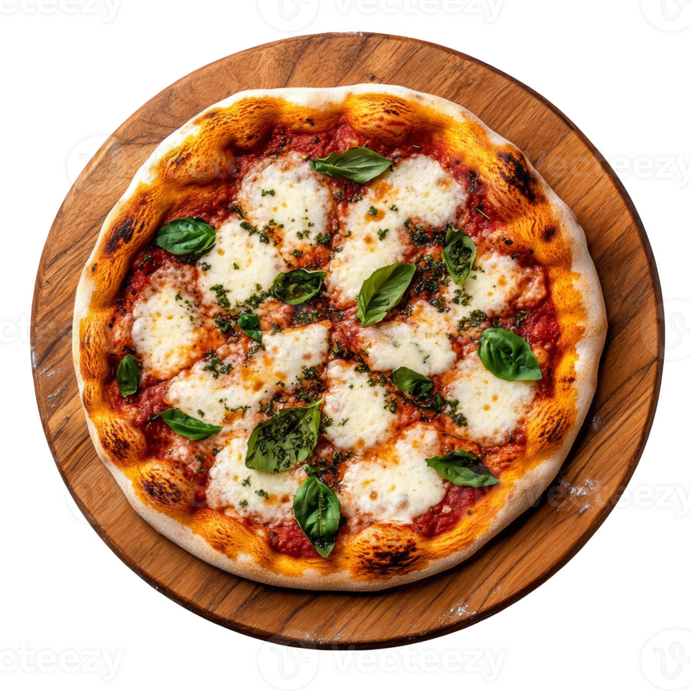 A pizza on a wooden plate with cheese and basil png