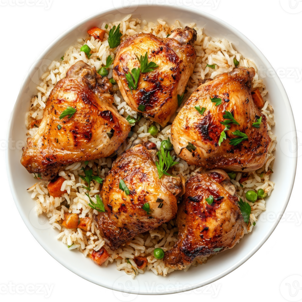 Baked chicken thighs with rice transparent background png