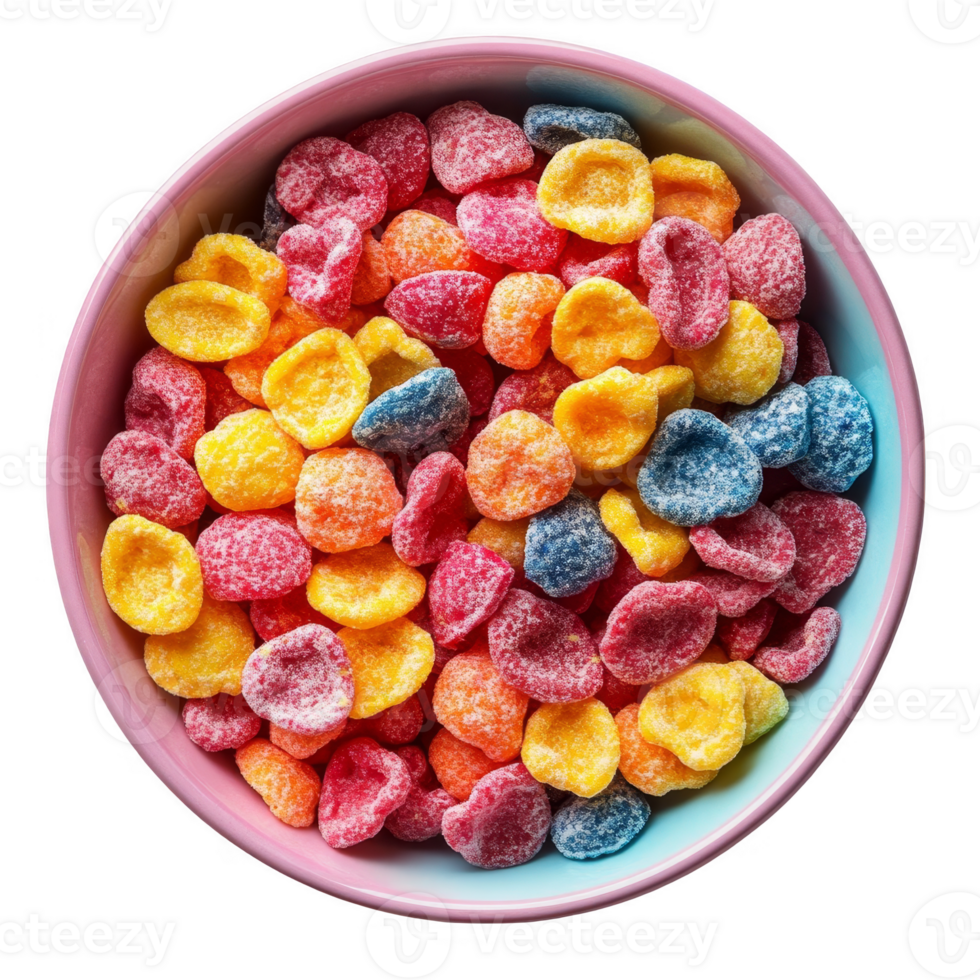 Colorful fruity breakfast cereal in a bowl transparent background png