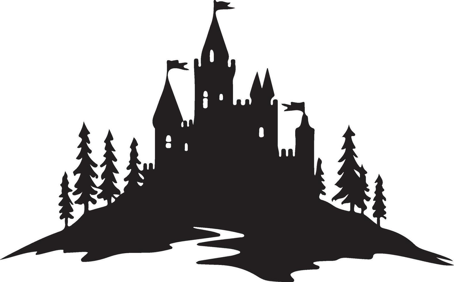 a castle in the woods with trees and a river vector