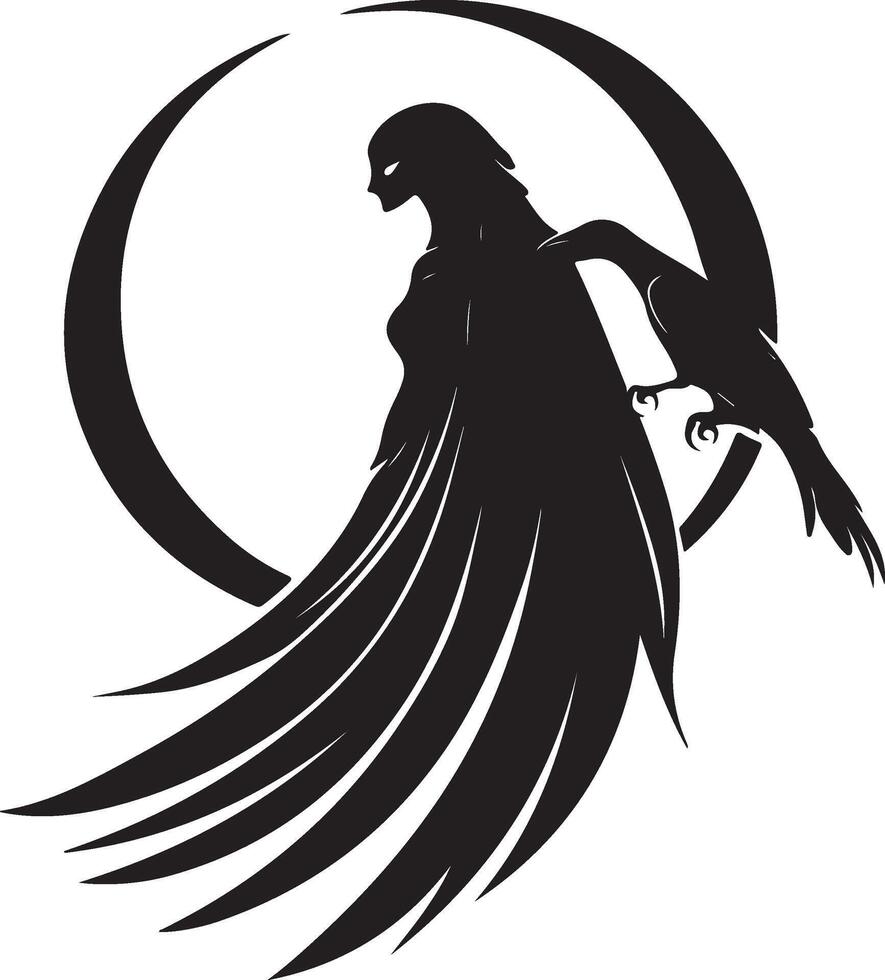 a black and white silhouette of a woman with wings and a crow vector