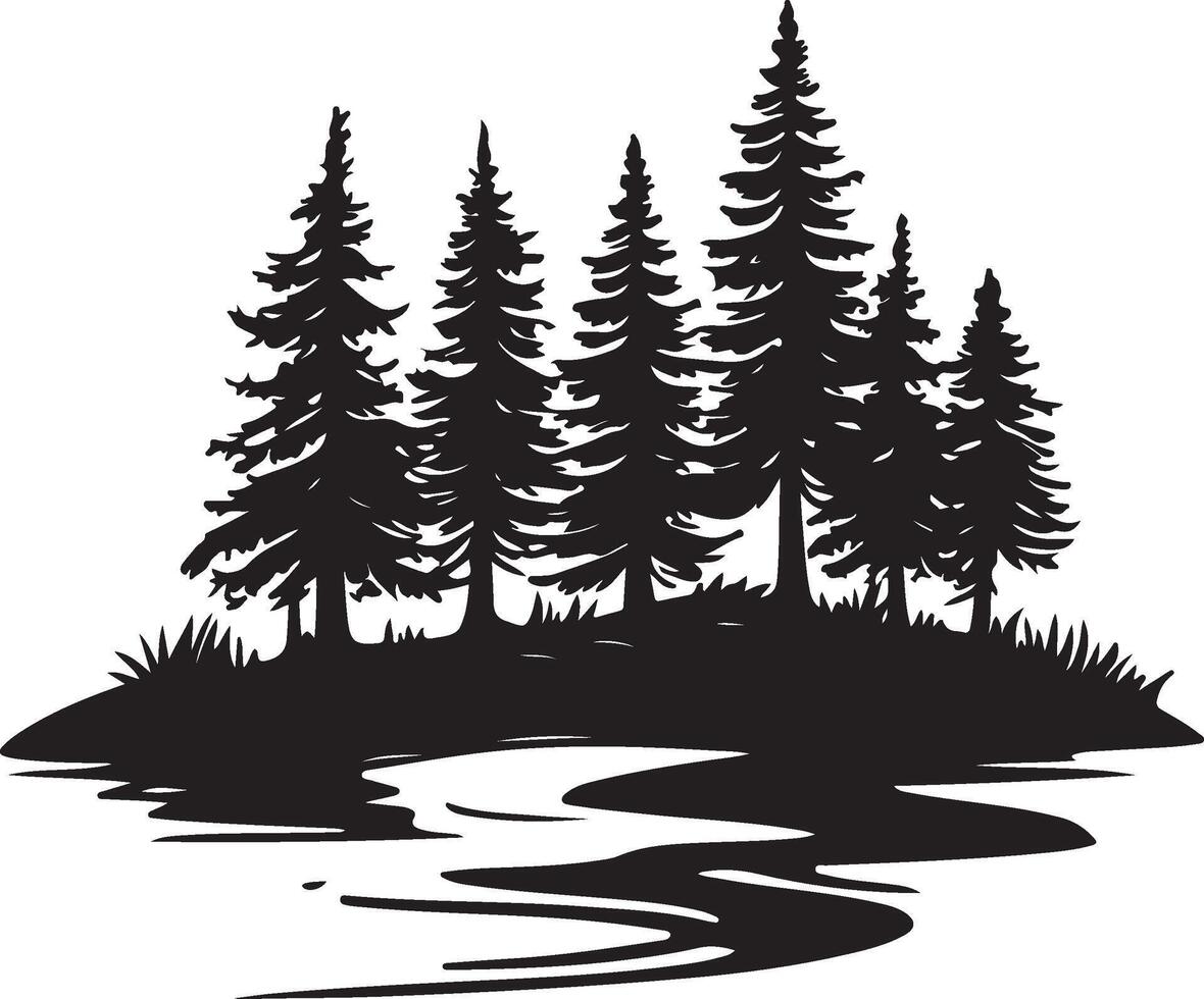 a silhouette of trees and water in the forest vector