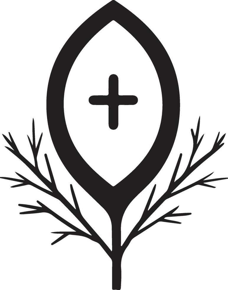a black and white logo of a tree with a cross on it vector