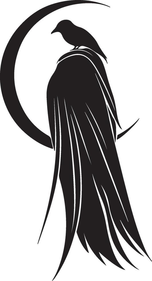 a black and white raven sitting on a crescent moon vector