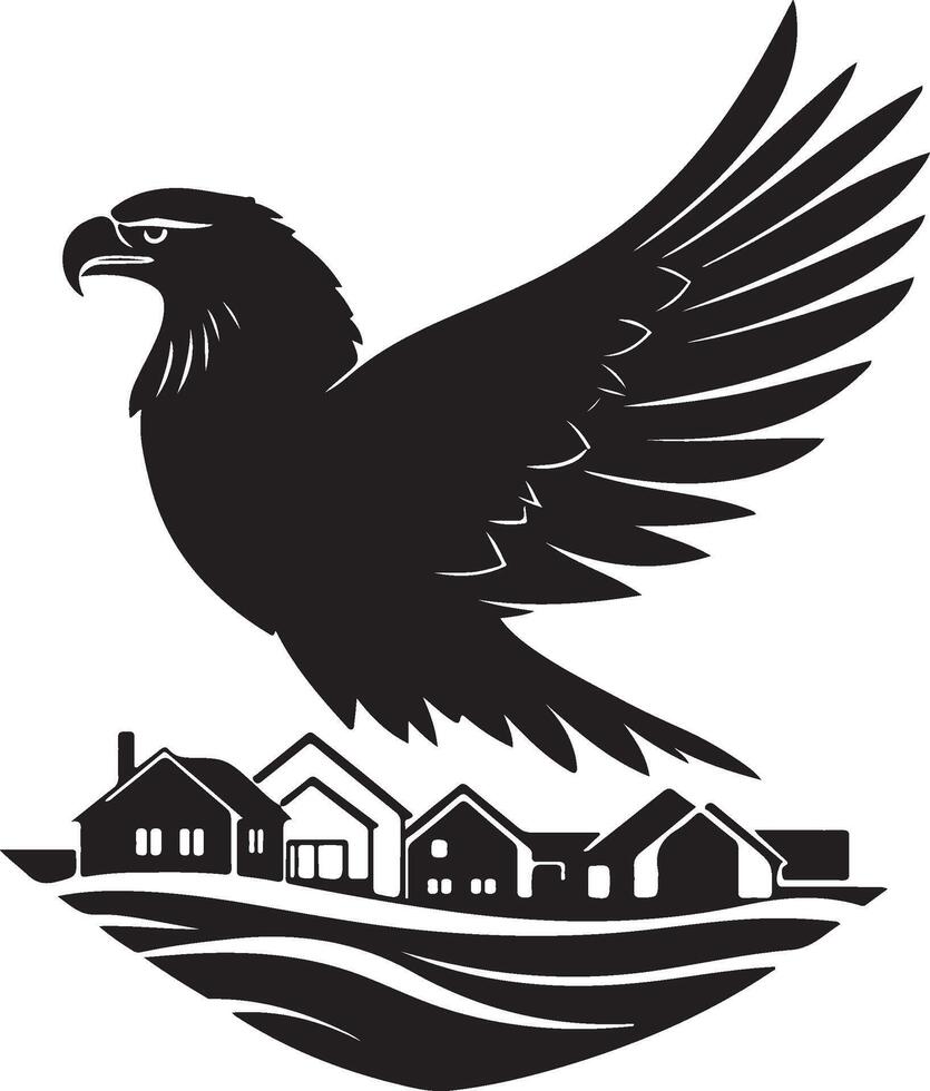 an eagle flying over a house and a small town vector