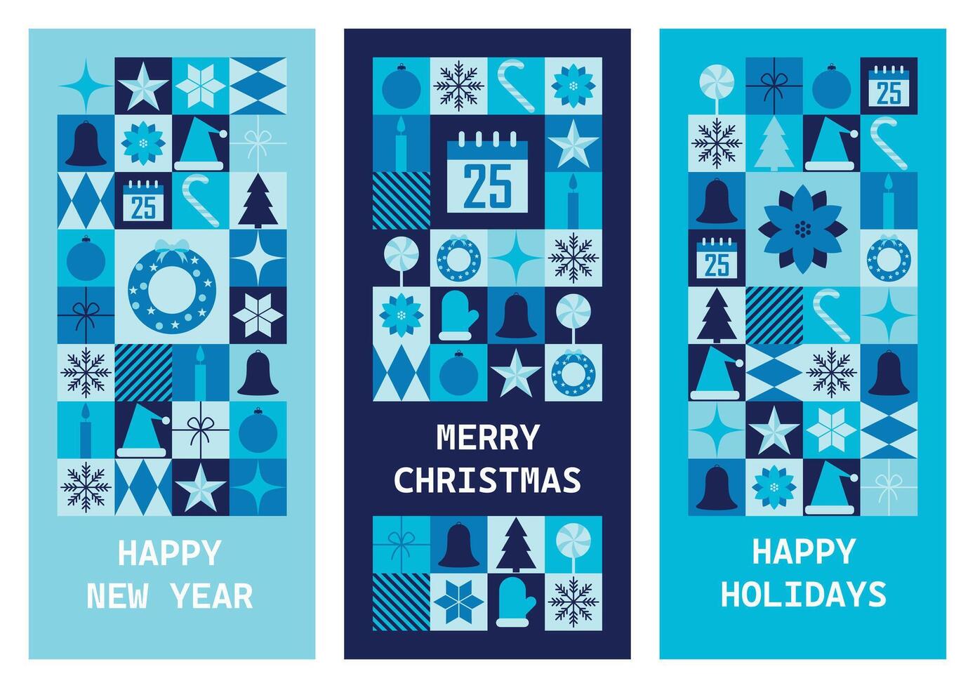 Set of holiday vertical banners Merry Christmas and Happy New Year. Templates for greeting card or invitation in abstract modern geometric style. illustration vector