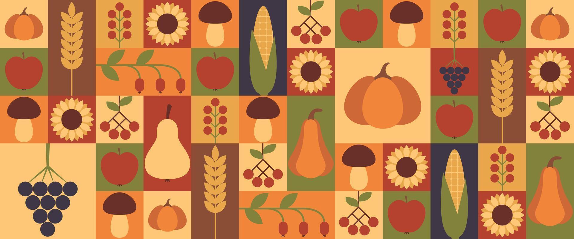 Harvest festival geometric minimalist modern background. Autumnal festive trendy mosaic seamless pattern. illustration vector