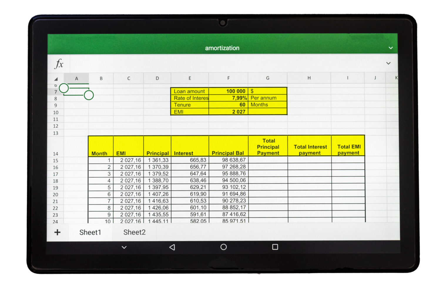 Shot of an excel sheet on tablet screen showing bank loan amortization table on the transparent background png