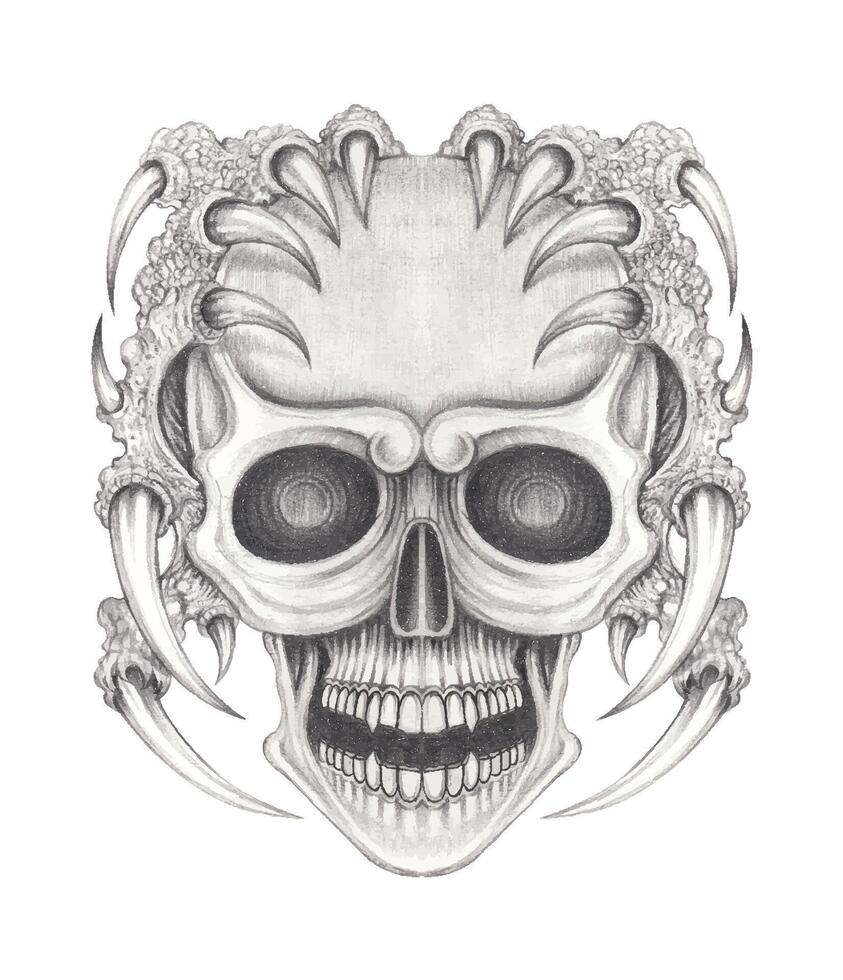 Skull tattoo surreal art hand drawing on paper make graphic . vector