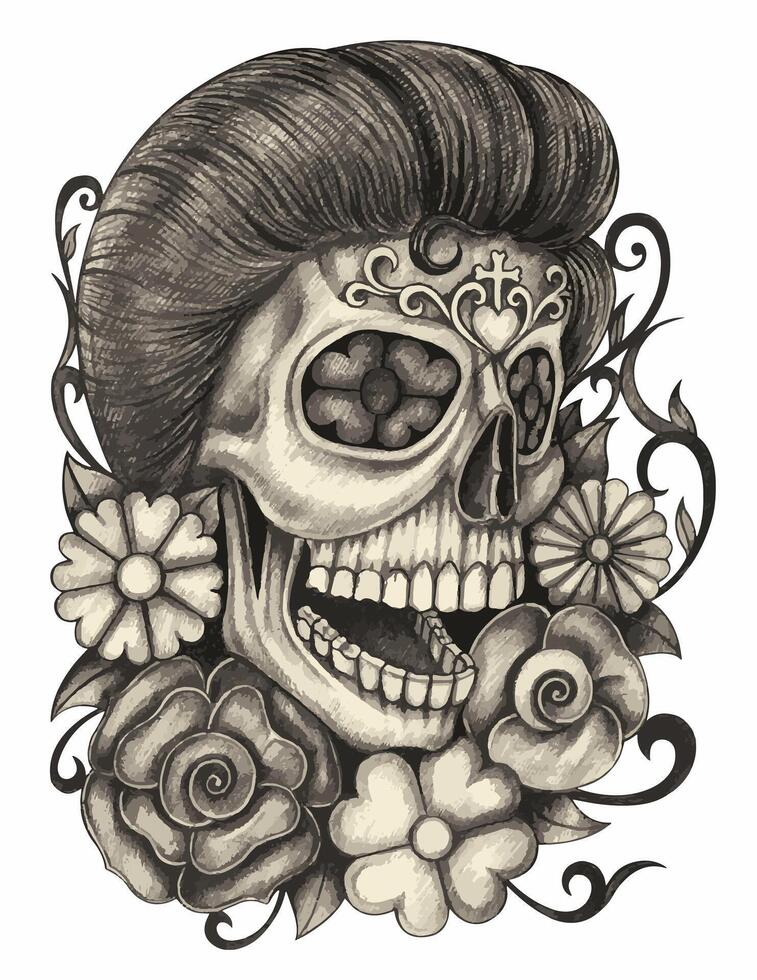 Fancy art skull and flowers design by hand drawing on paper make graphic .. vector