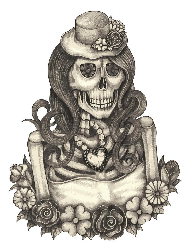 Fashion model fancy skull day of the dead hand drawing on paper make graphic . vector
