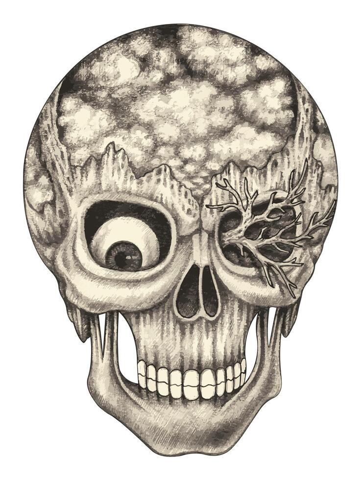 Surrealist skull tattoo design by hand drawing on paper make graphic . vector