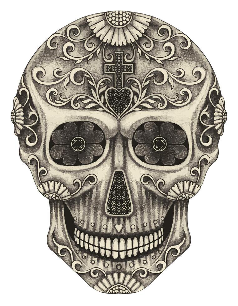 Sugar skull mix vintage art day of the dead design by hand drawing on paper and make graphic . vector