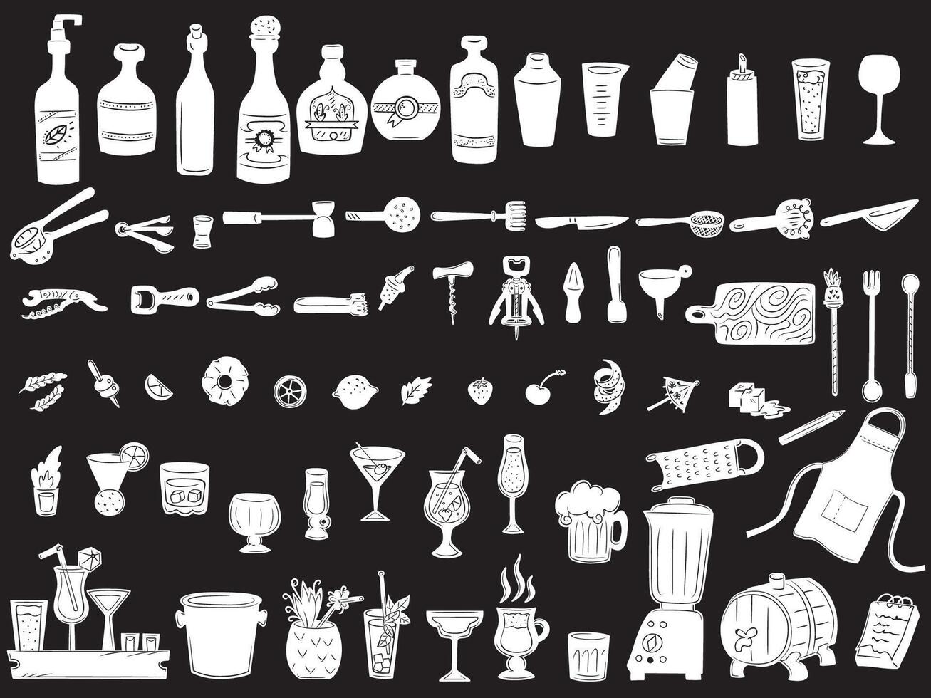 Bartender Doodles Hand Drawn Bar Tending Tools White Cut Out vector