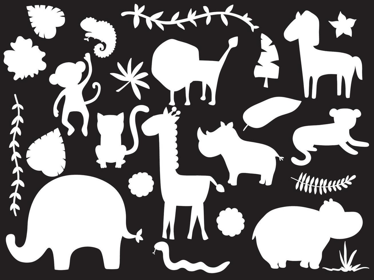 Animal Jungle and Tropical Plants White Silhouette vector