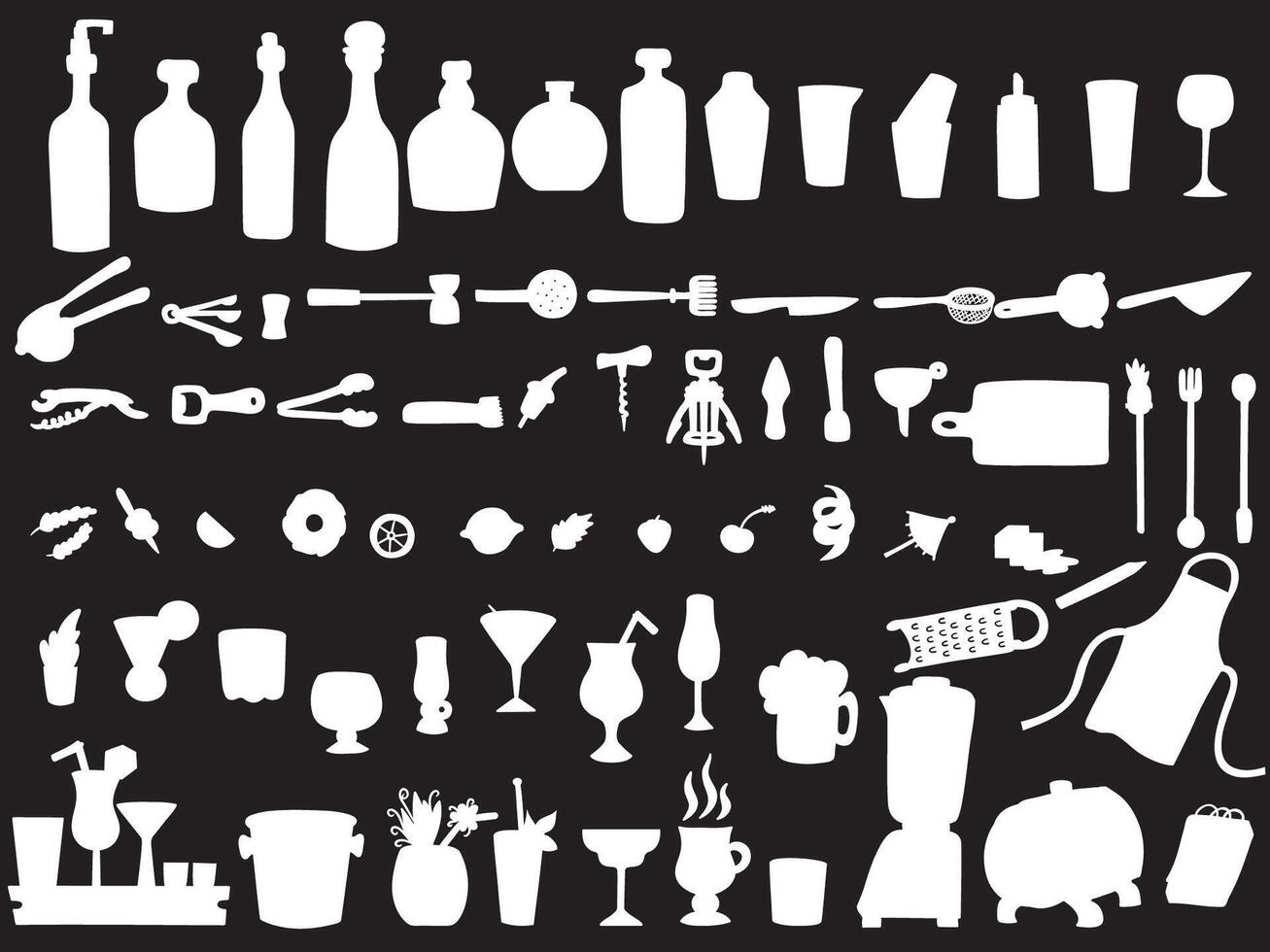 Bartender Doodles Hand Drawn Bar Tending Tools White Silhouette vector