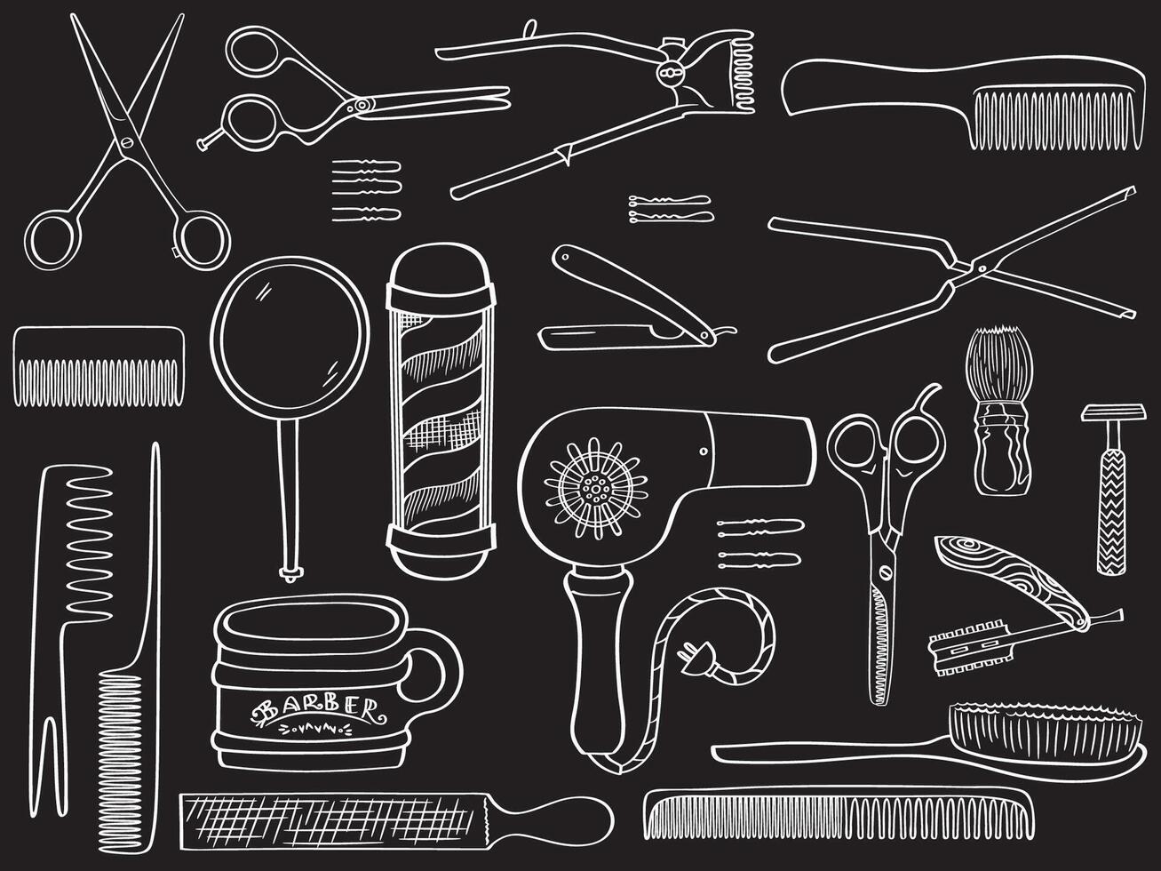 Barber Shop Doodles Hand Drawn Beauty salon Hairdresser Tools White Outline vector