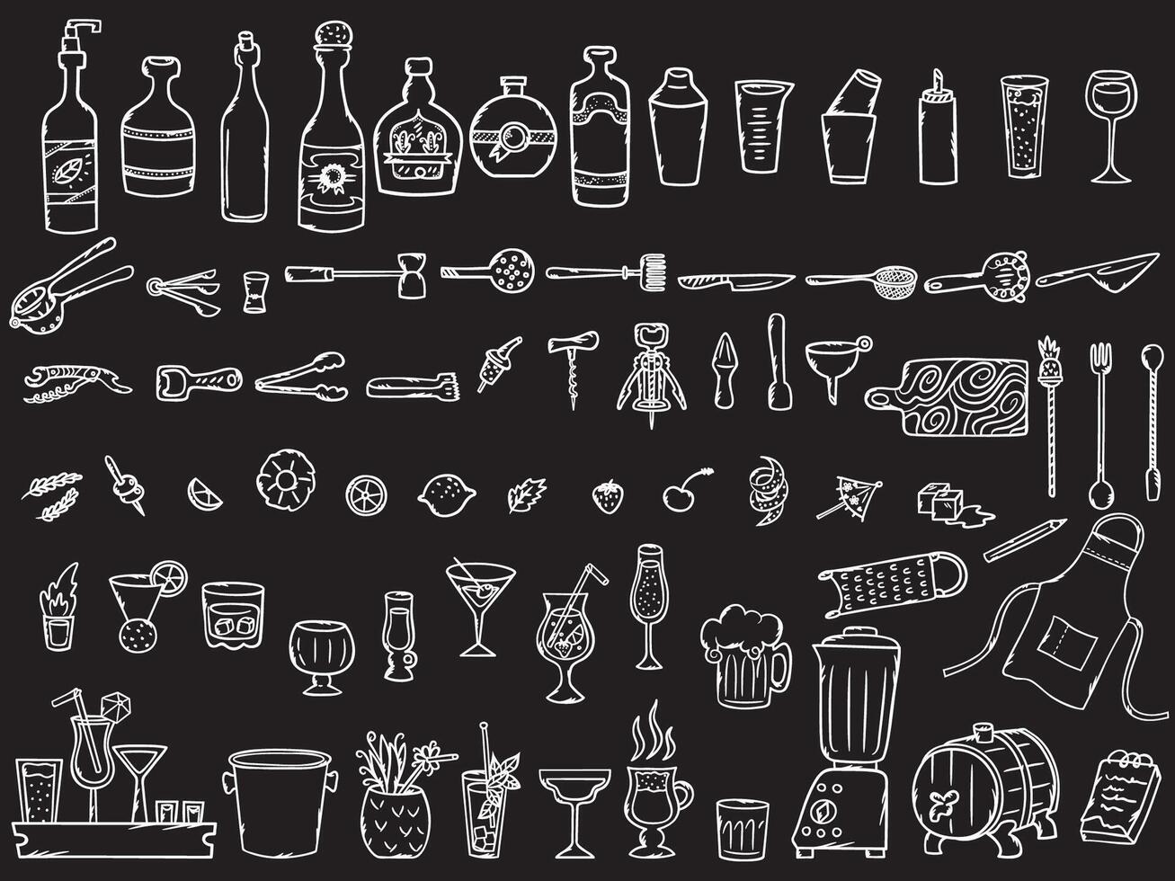 Bartender Doodles Hand Drawn Bar Tending Tools Tools White Outline vector