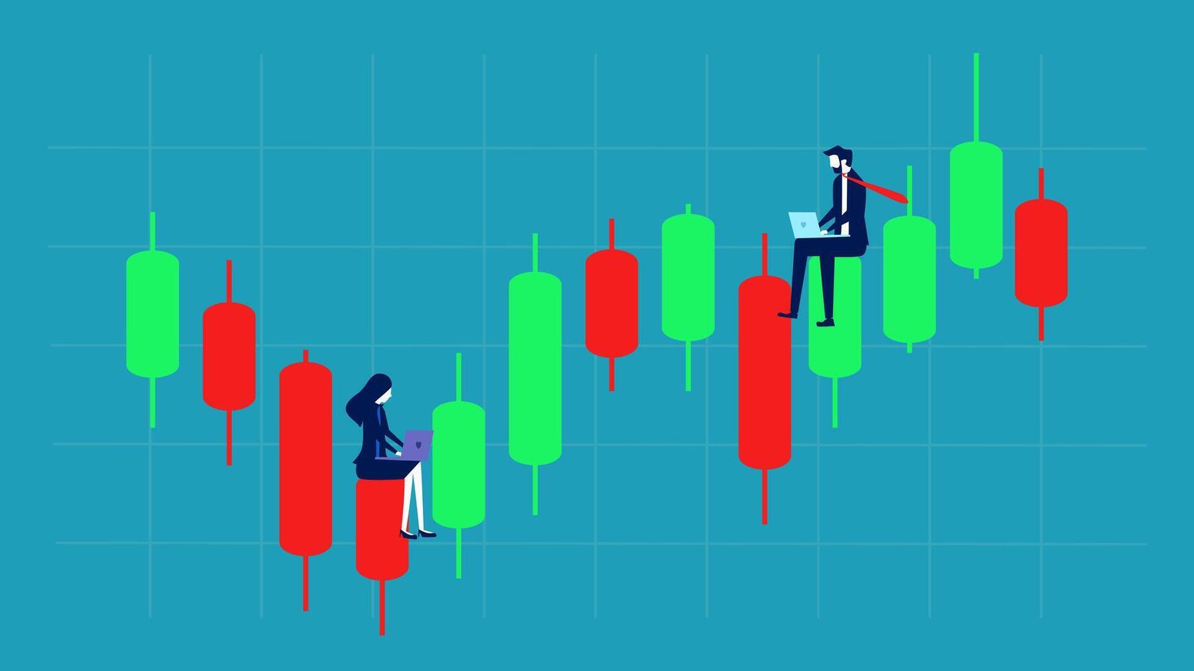 two people are standing on a trading chart vector