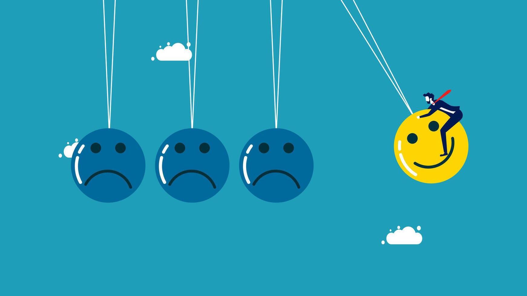 a man is hanging from a string of blue balloons emotion vector