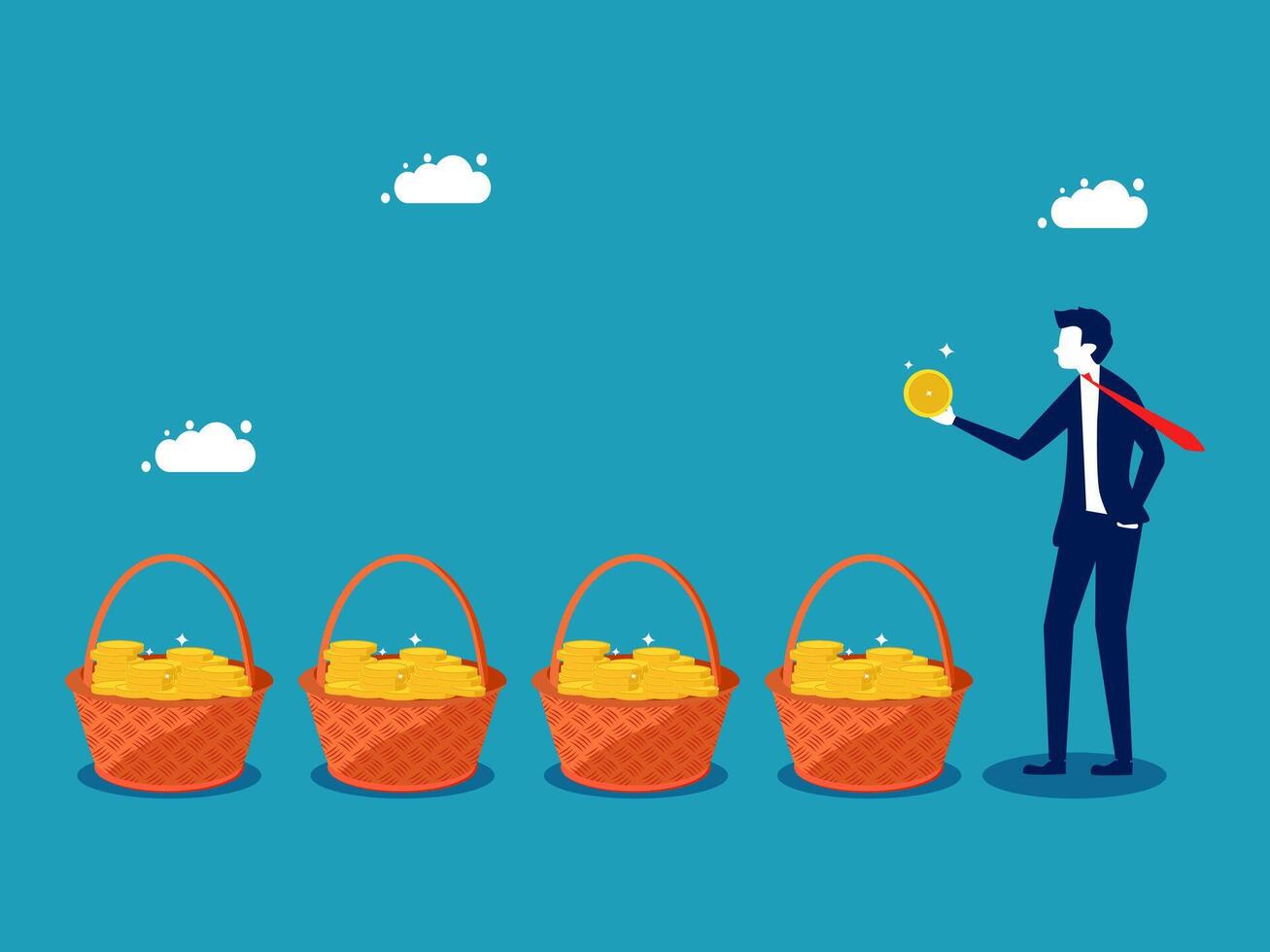 businessman standing in front of baskets with gold coins vector
