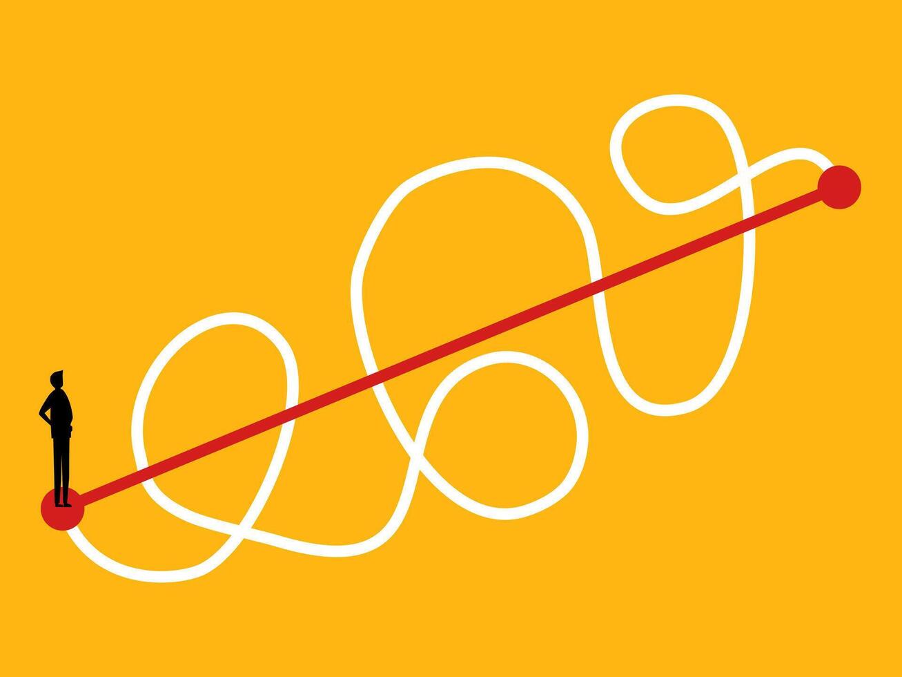 Businessman on the Straight and Complicated Path. The Shortest Distance to the Goal vector