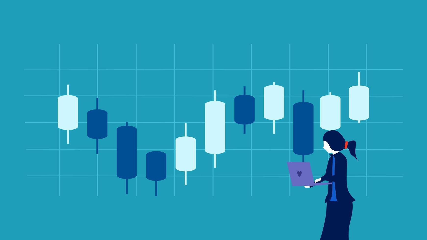 a woman is standing in front of a chart of stock prices vector