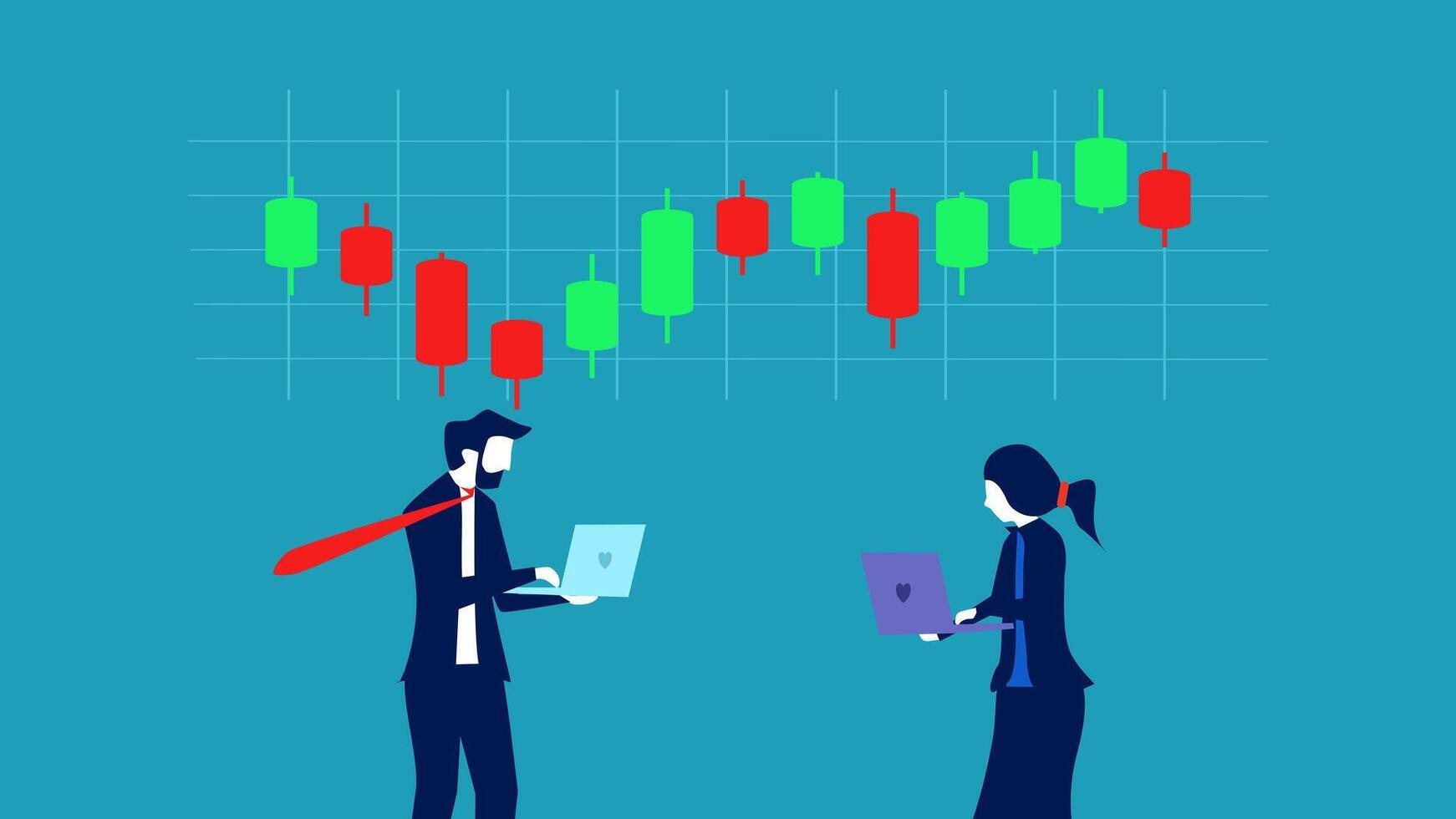 two people standing in front of a stock chart vector