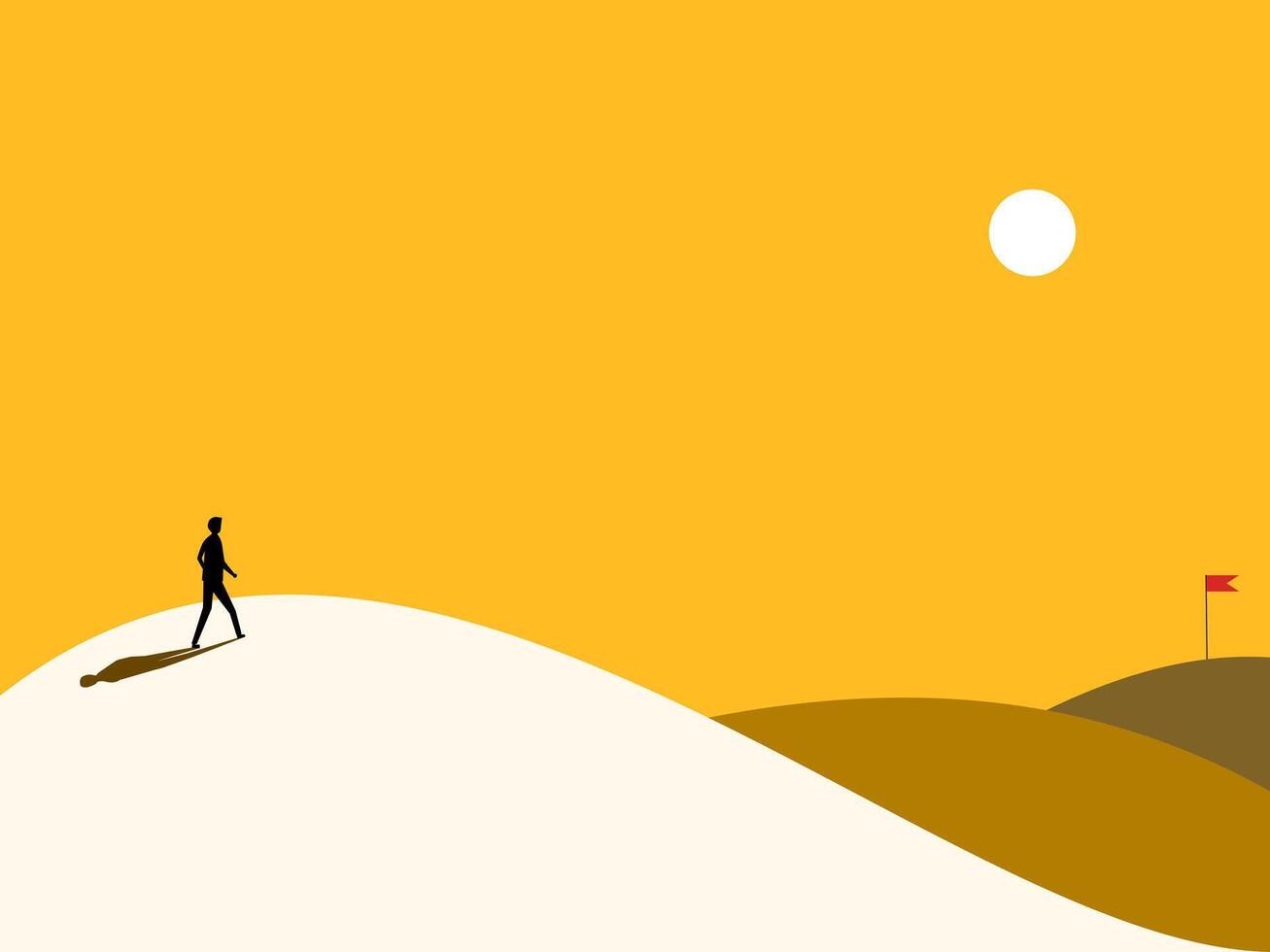 Goal of success. Businessman walking towards the flag of victory on the mountain top vector