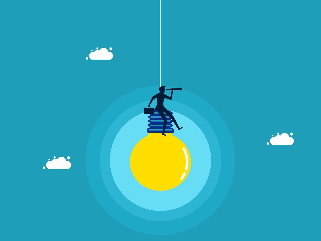 businessman sitting on top of light bulb with a ladder vector