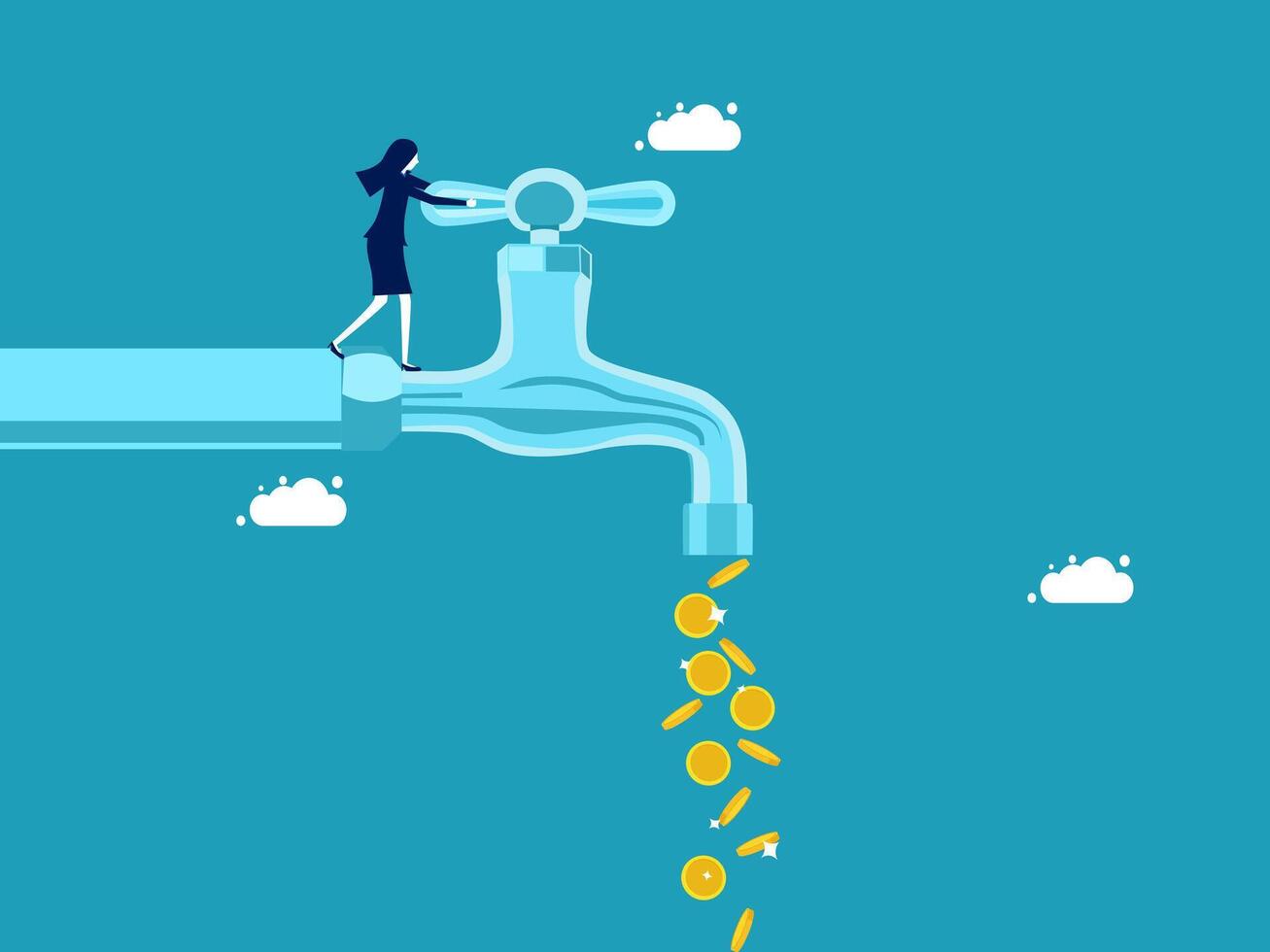 woman climbing up the faucet to get money from the water vector