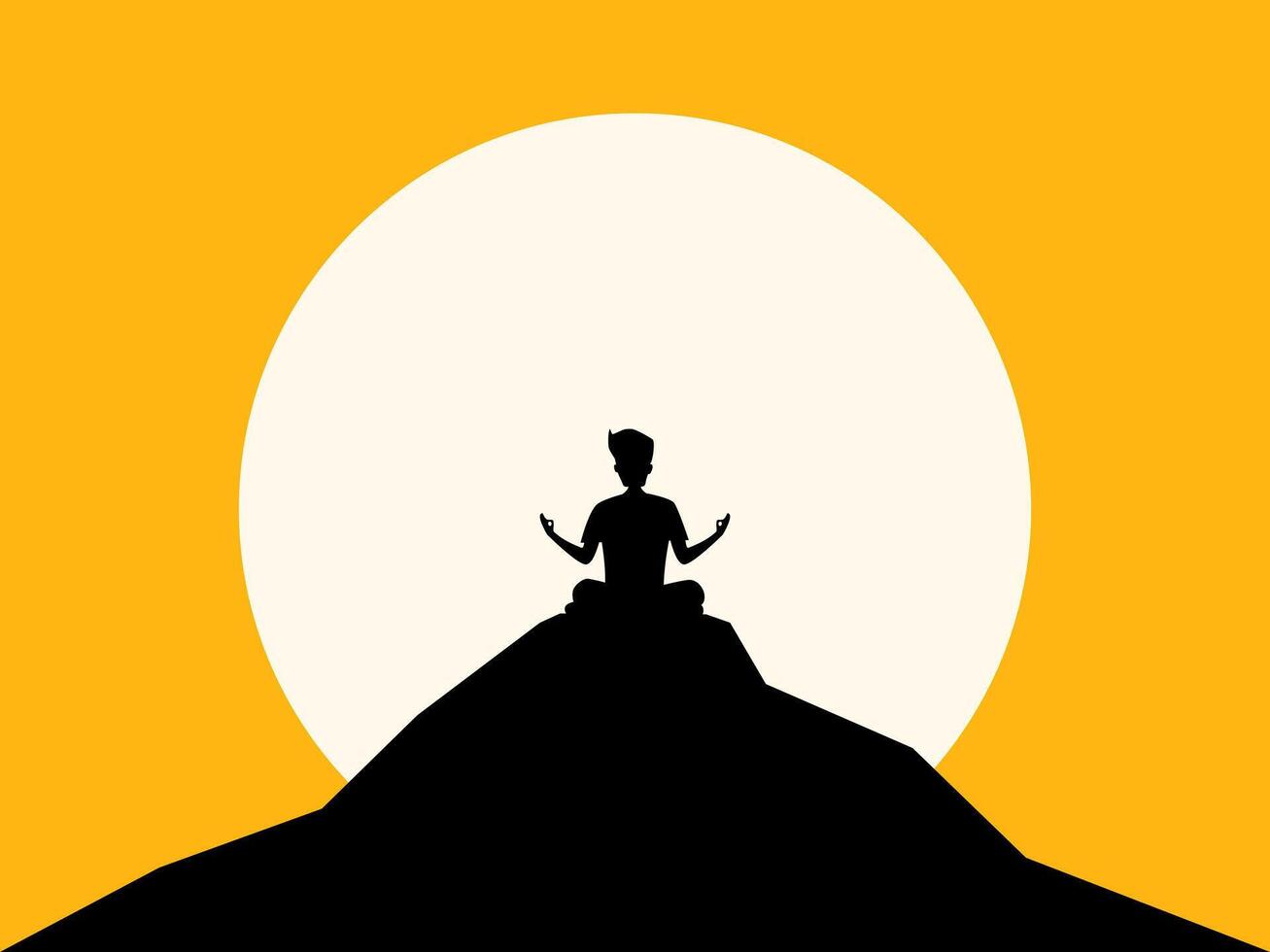 Calmness. Man meditating on top of a mountain vector