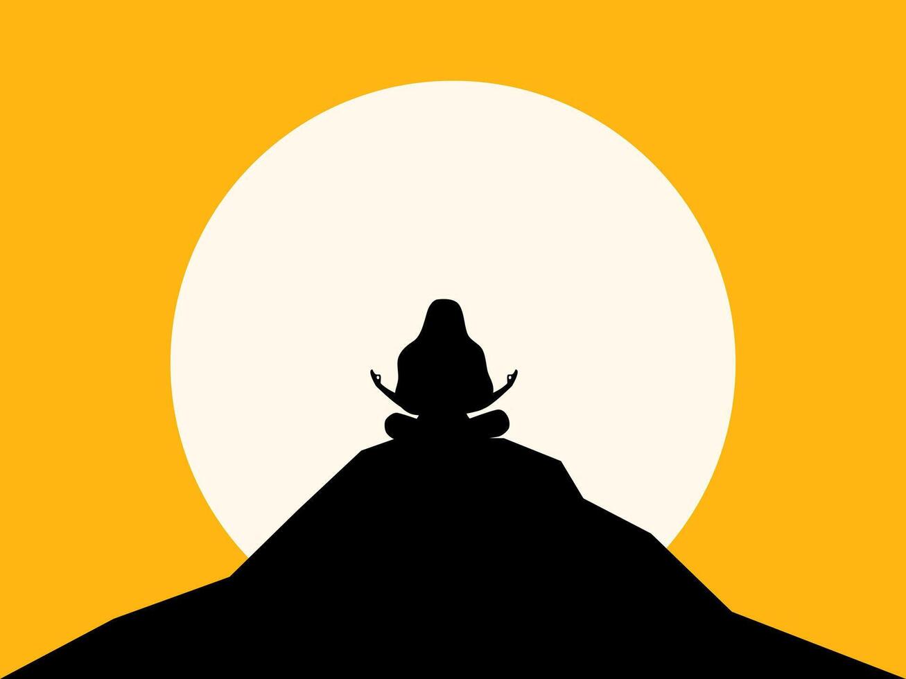 Calm down. Woman doing yoga on top of a mountain vector