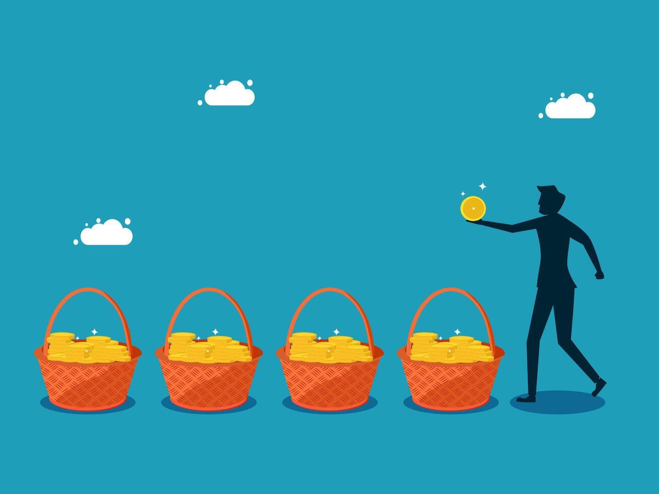businessman holding a basket of gold coins and standing in front of a line of baskets vector