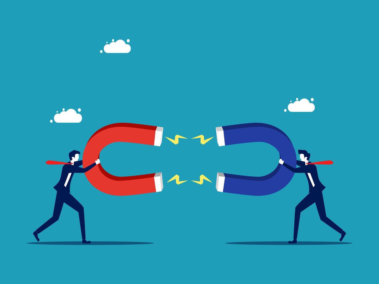 two businessmen are pulling a magnet to each other vector