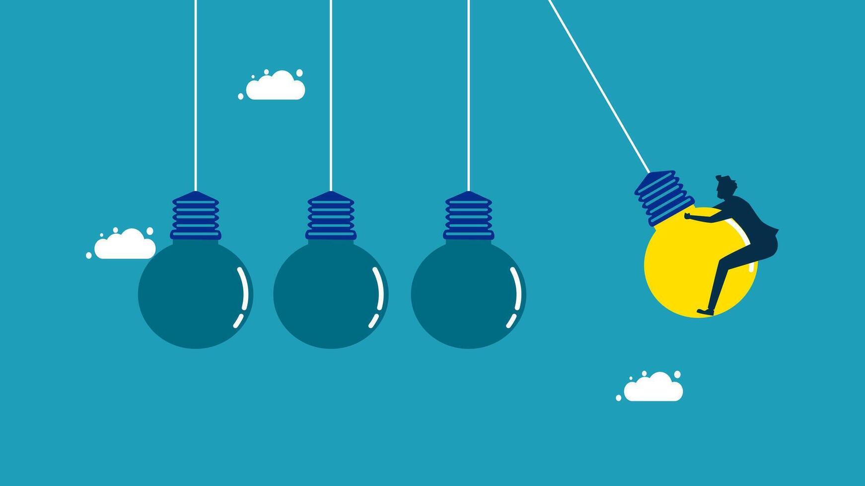 man hanging from light bulb with other light bulbs vector
