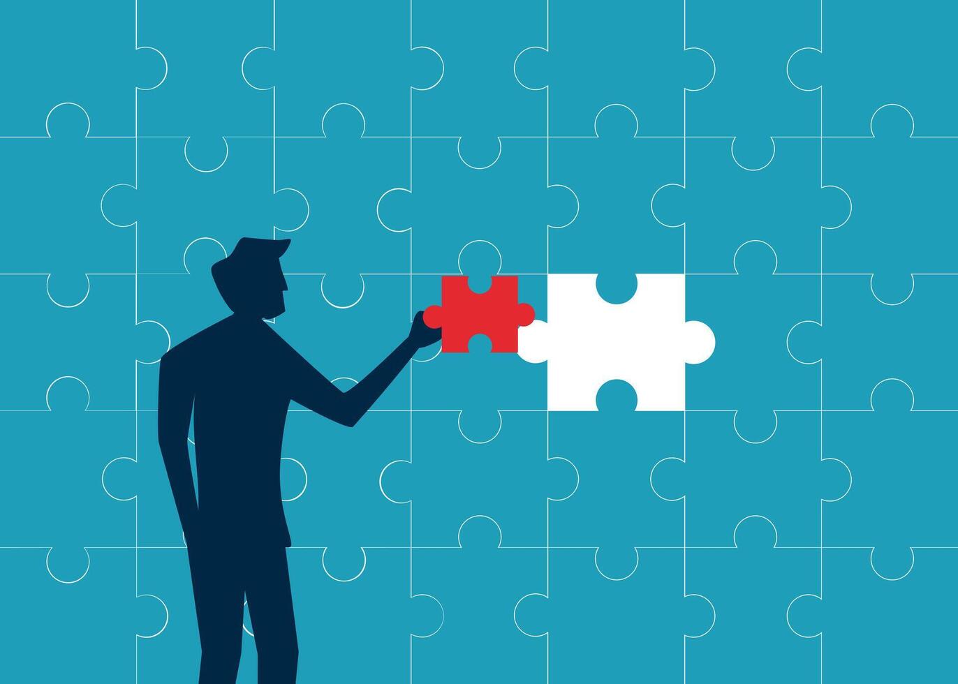 a man is holding a piece of puzzle on a blue background vector