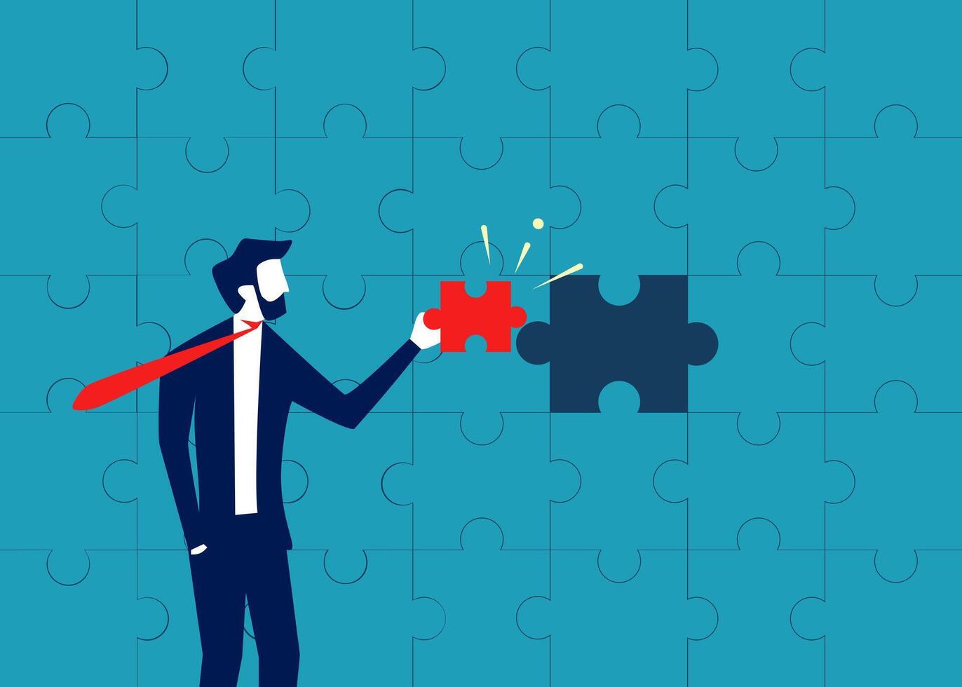 businessman putting puzzle piece on a blue background vector