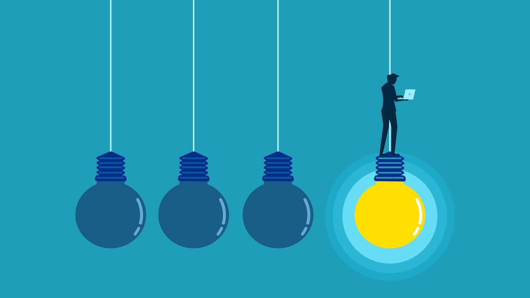 businessman standing on a light bulb with a laptop vector