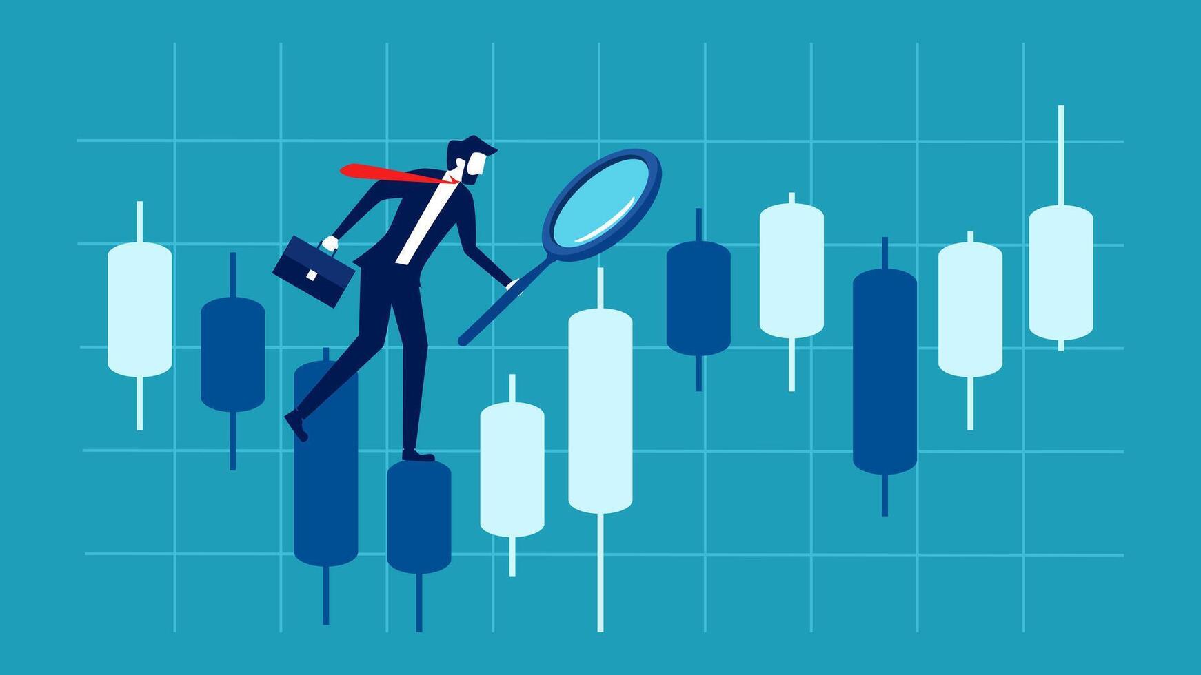 businessman with magnifying glass on top of stock chart vector