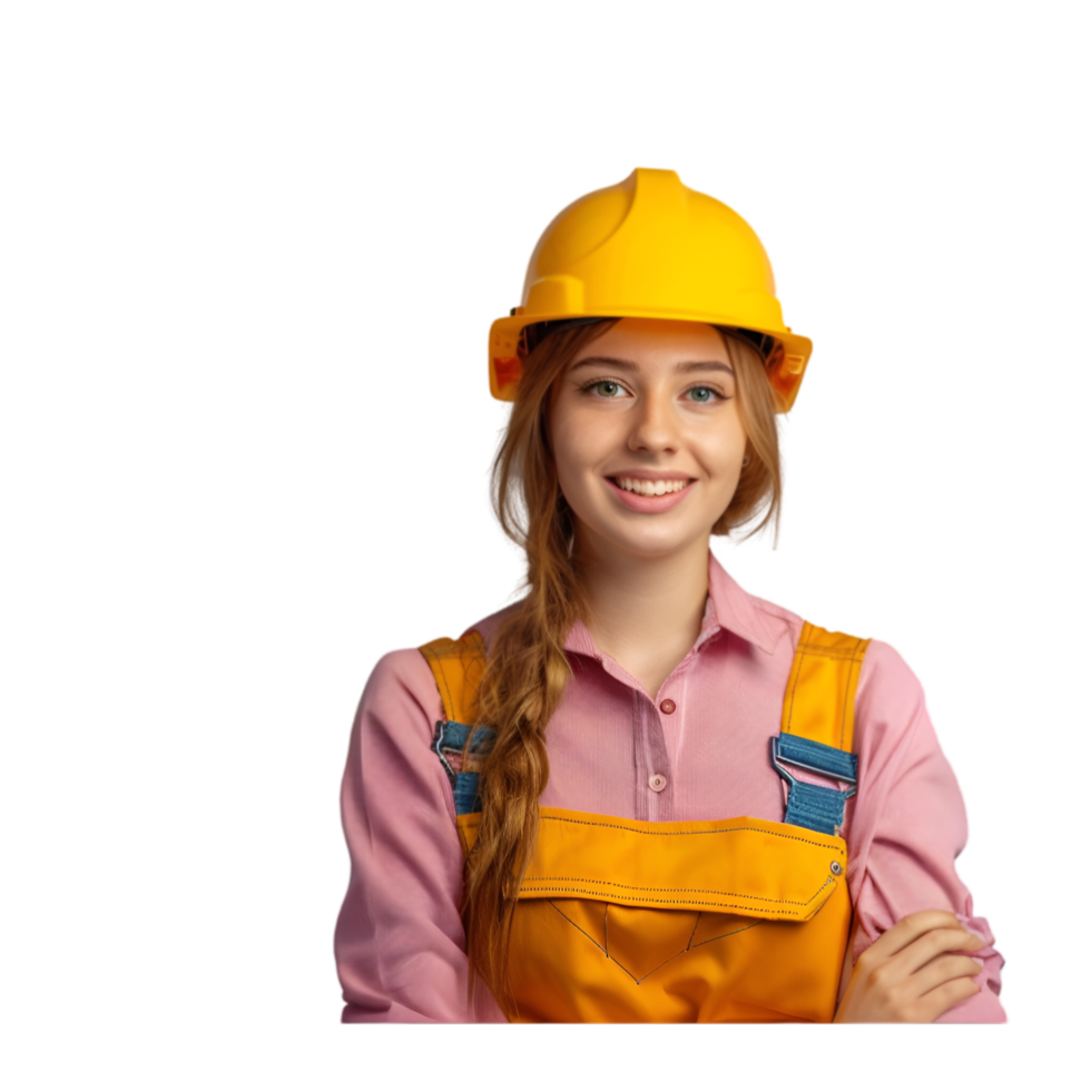 A woman in a hard hat and overalls png