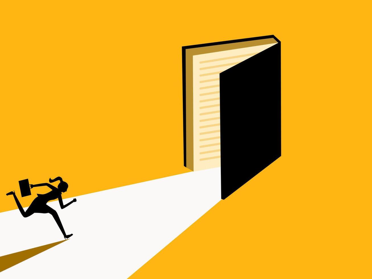 Determined to learn. woman running to the open book door vector