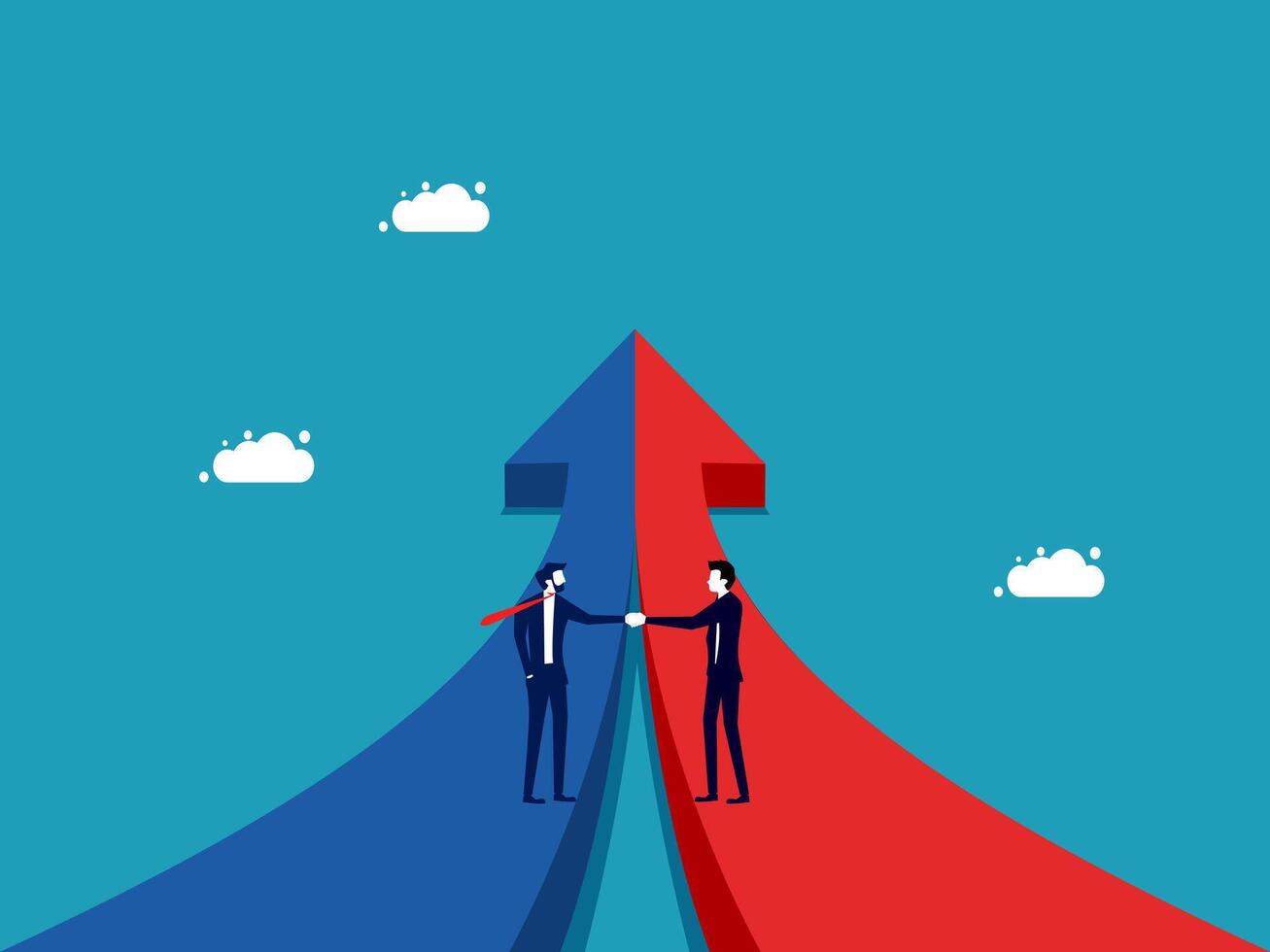 two businessmen shaking hands on an arrow pointing to the sky vector