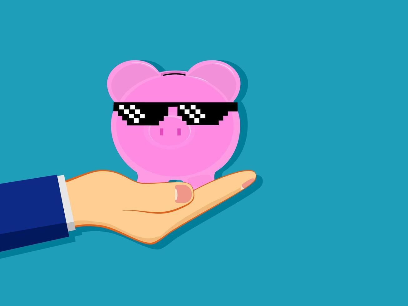 hand holding a piggy bank with sunglasses on it vector