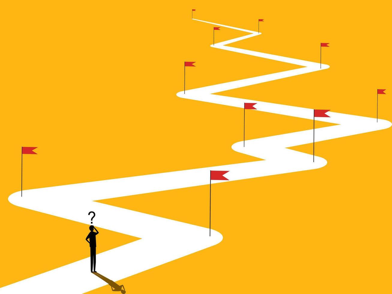 Businessman on the road with red flag, long path and goals to conquer vector