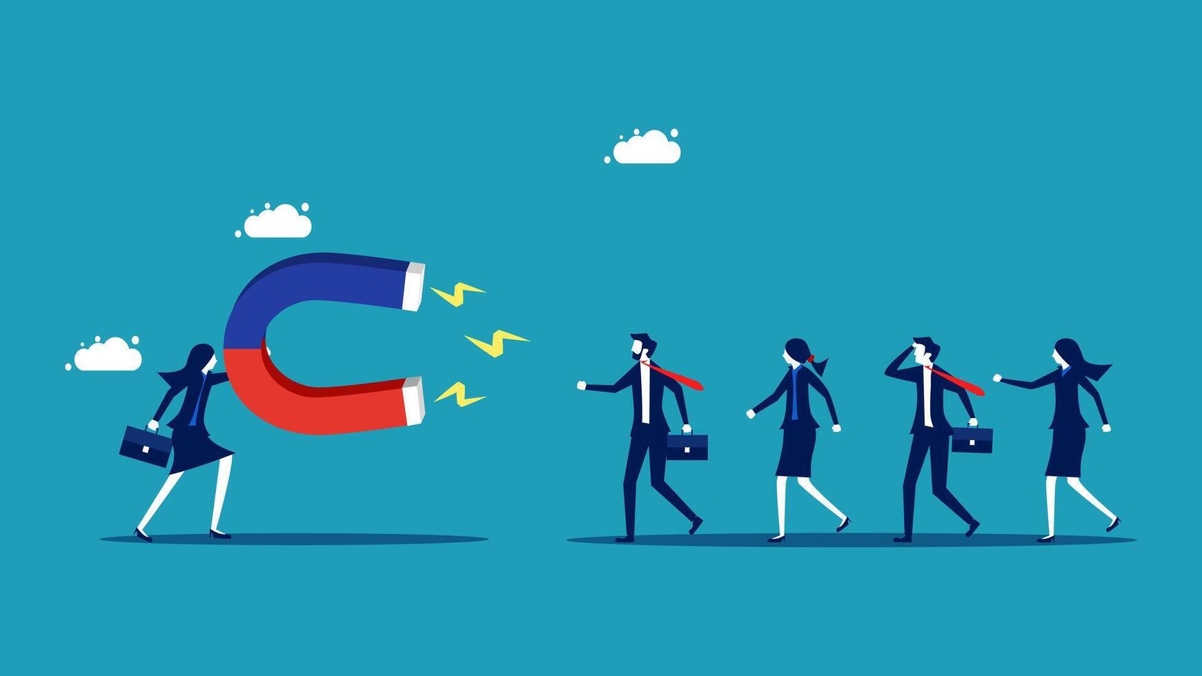 business people walking towards a magnet vector