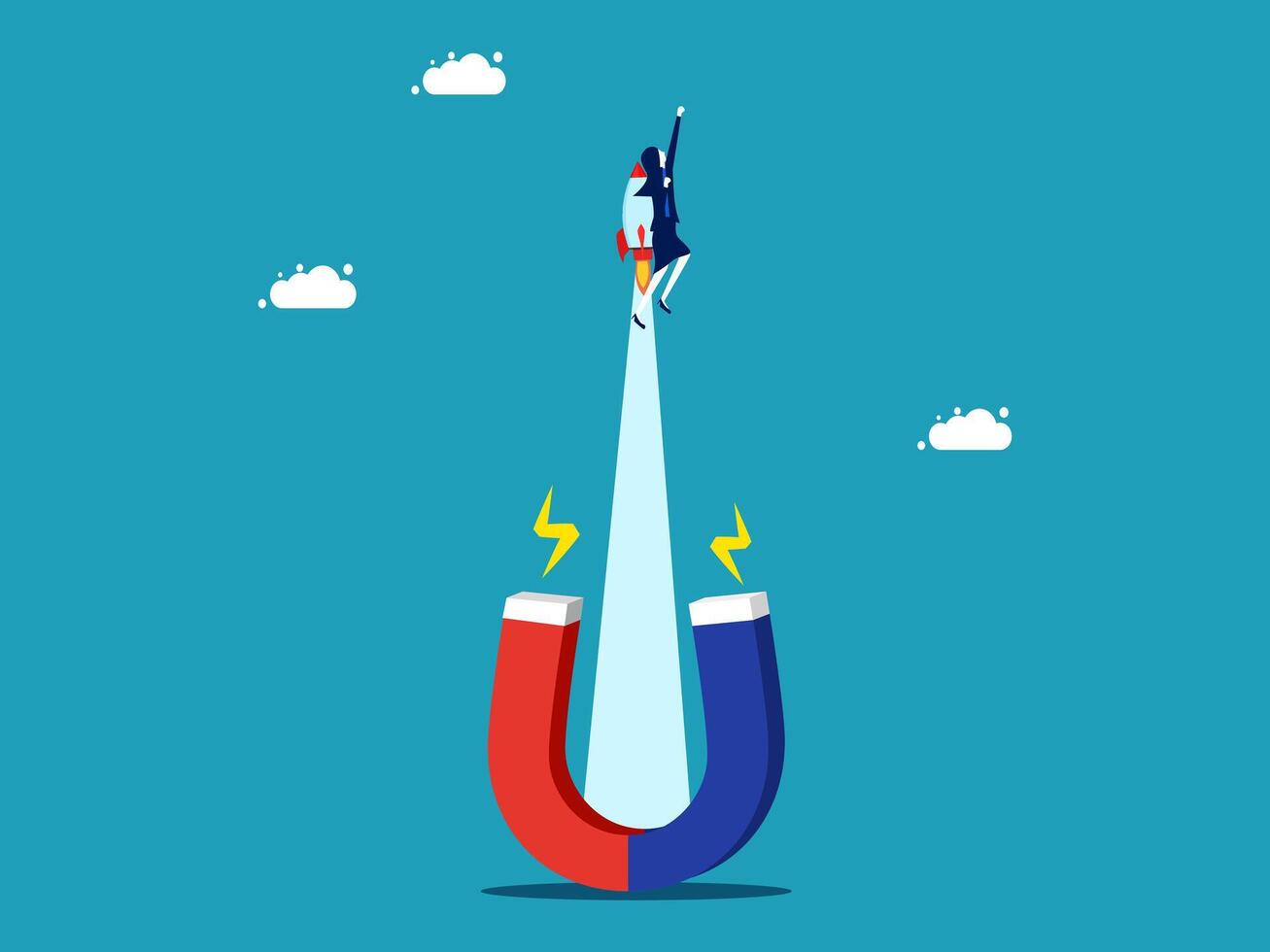 businessman flying on a magnet to success vector