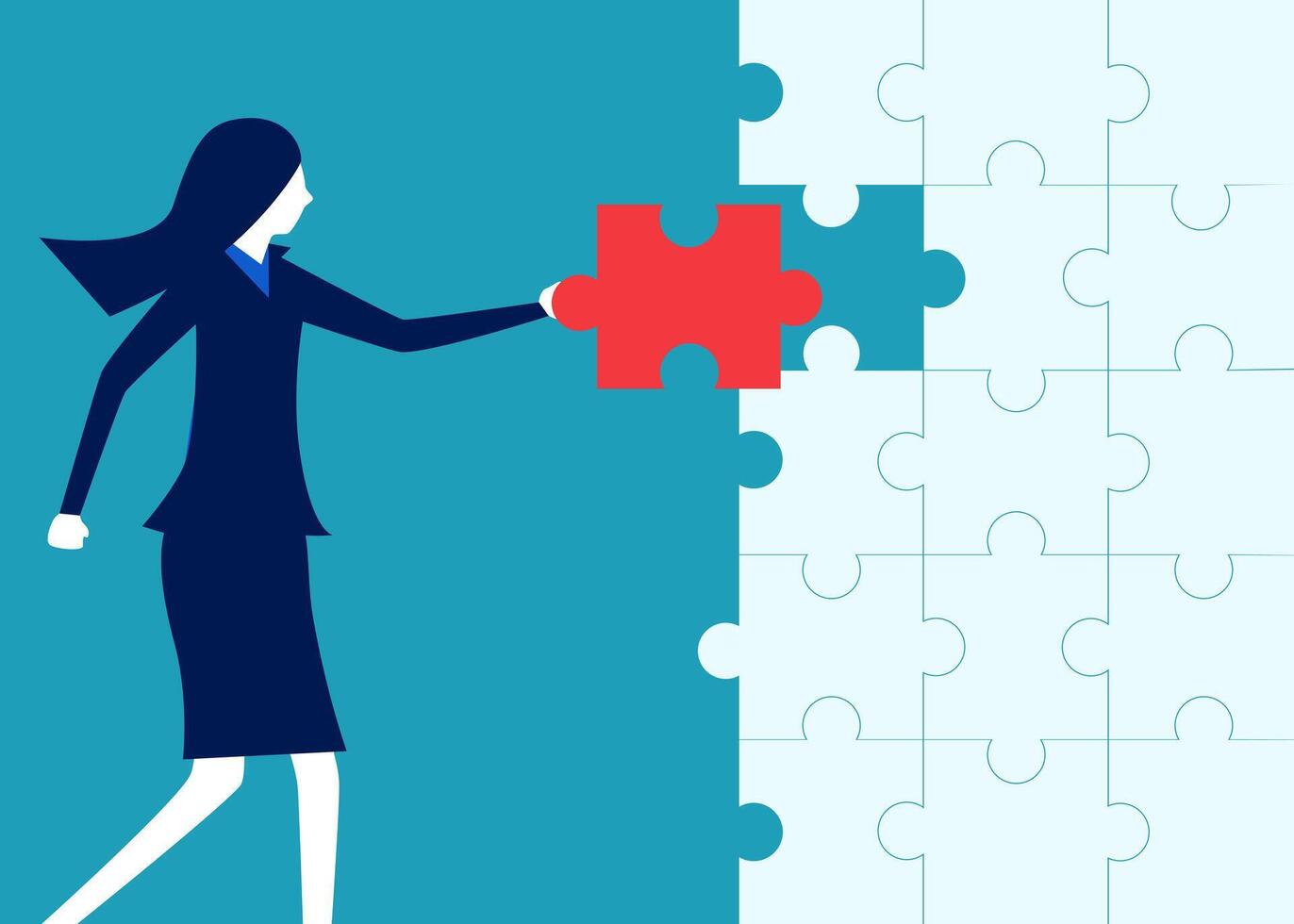a woman in business attire is holding a piece of puzzle vector