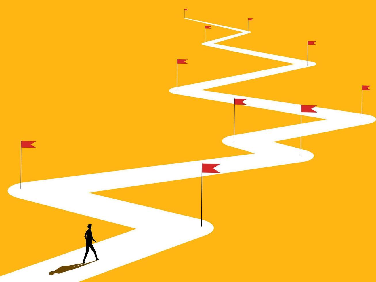 Goal conquering, Businessman on the road with victory flag, a complicated path vector