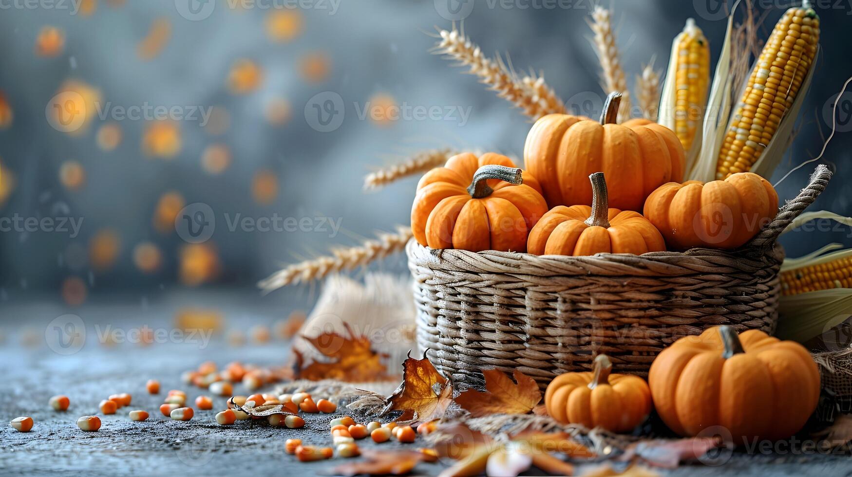 Happy Thanksgiving greeting on a gray background featuring a basket filled with various pumpkins and corn. photo
